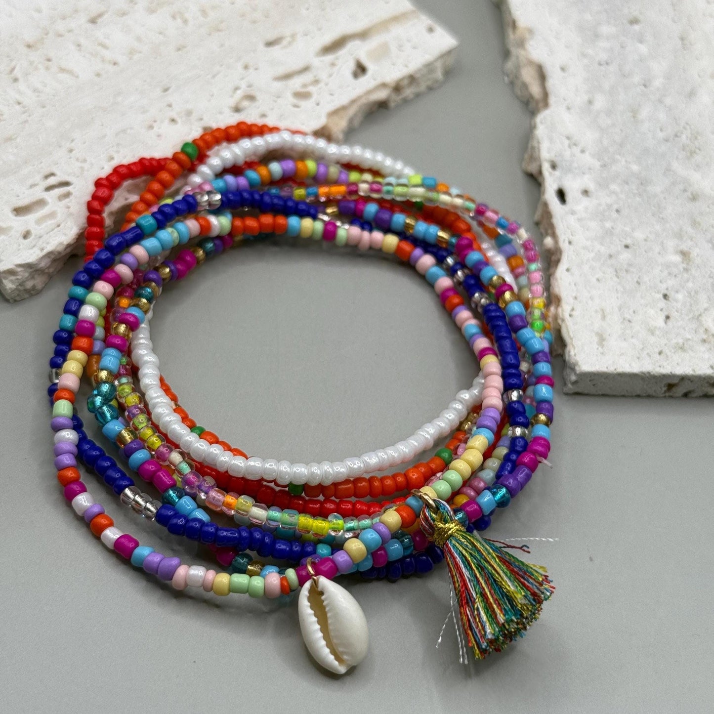 Surfer Beach Anklet Set 8Pcs - Womens Boho Ethno Ankle Bracelet - Blue Beaded Ankle - Beach Anklet, Surfer Anklet, Gift For Her