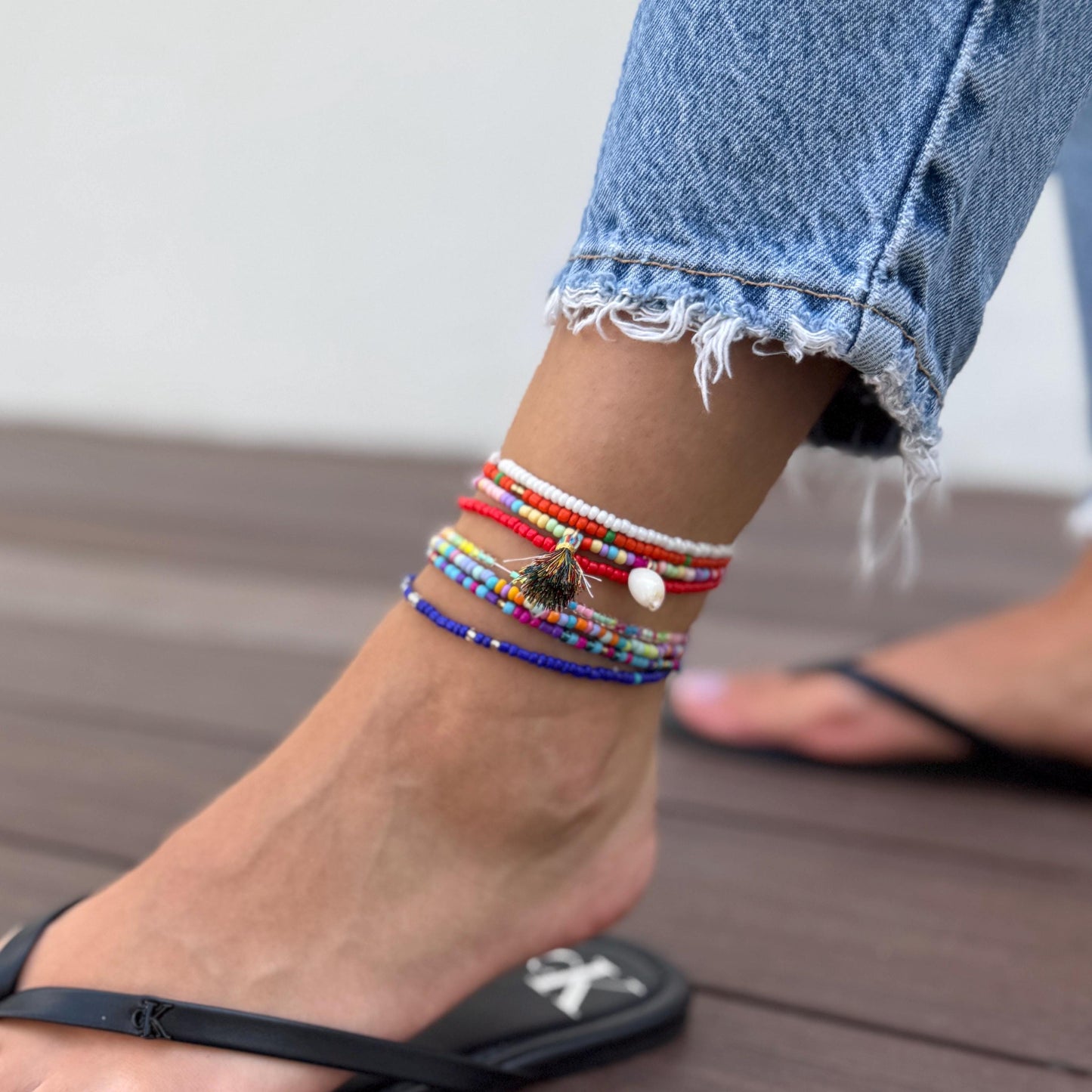 Surfer Beach Anklet Set 8Pcs - Womens Boho Ethno Ankle Bracelet - Blue Beaded Ankle - Beach Anklet, Surfer Anklet, Gift For Her