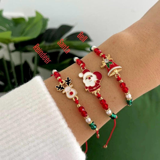 Santa bracelet, Christmas tree charm, Christmas gift, Festive bracelet set, Red and green beads, Christmas jewelry gift, Xmas charm bracelet