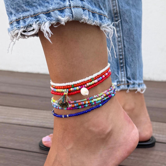 Surfer Beach Anklet Set 8Pcs - Womens Boho Ethno Ankle Bracelet - Blue Beaded Ankle - Beach Anklet, Surfer Anklet, Gift For Her